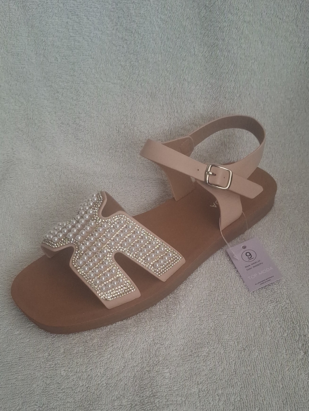 TOP Moda Nude Pearl & Rhinestone Embellished Ankle Strap Sandal